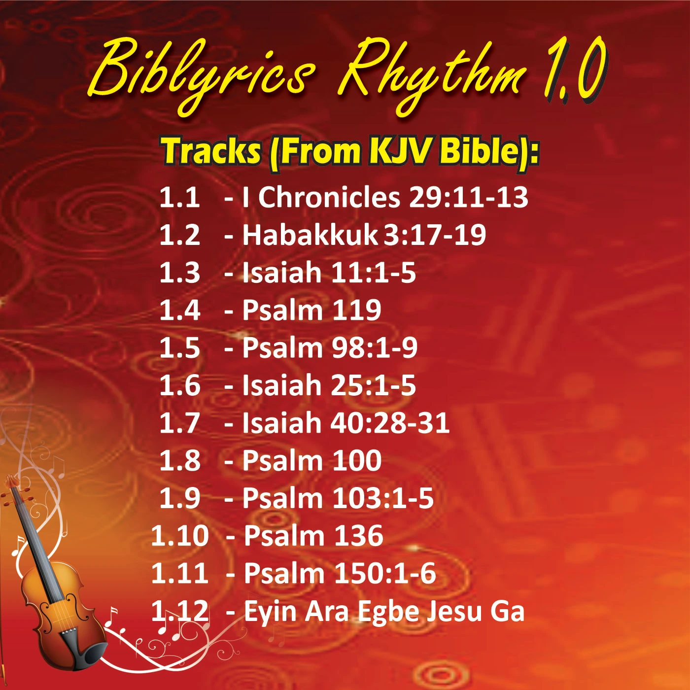 Track artwork listing the twelve Biblyrics Rhythm 1.0 tracks
