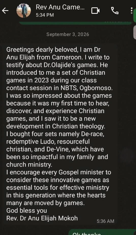 Supplied testimonial evidence from Rev. Dr Anu Elijah Mokoh