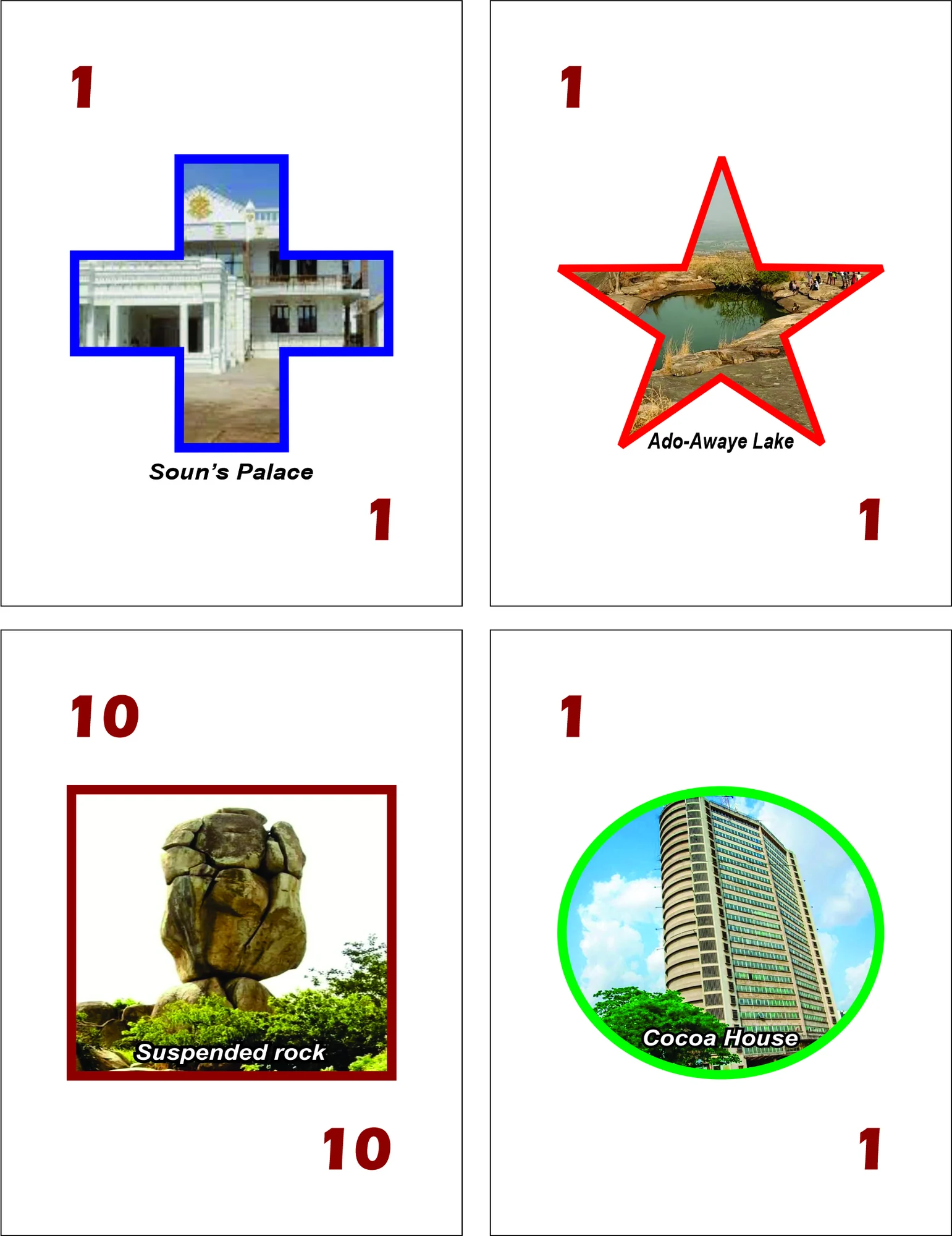 Four sample Pacesetters card fronts showing Oyo State landmarks in cross, star, square and circle shapes