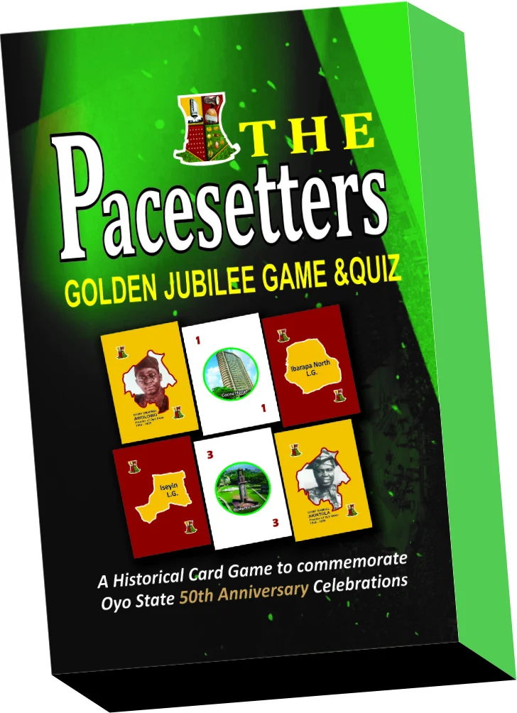 Pacesetters Golden Jubilee Game and Quiz product box with sample Oyo State history cards