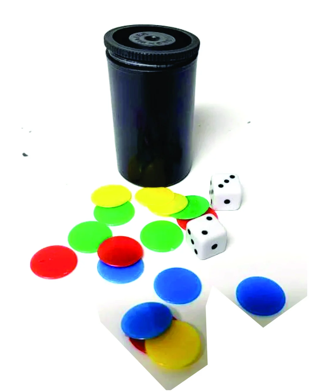 Two white dice and red, yellow, green and blue Redemption Ludo playing tokens