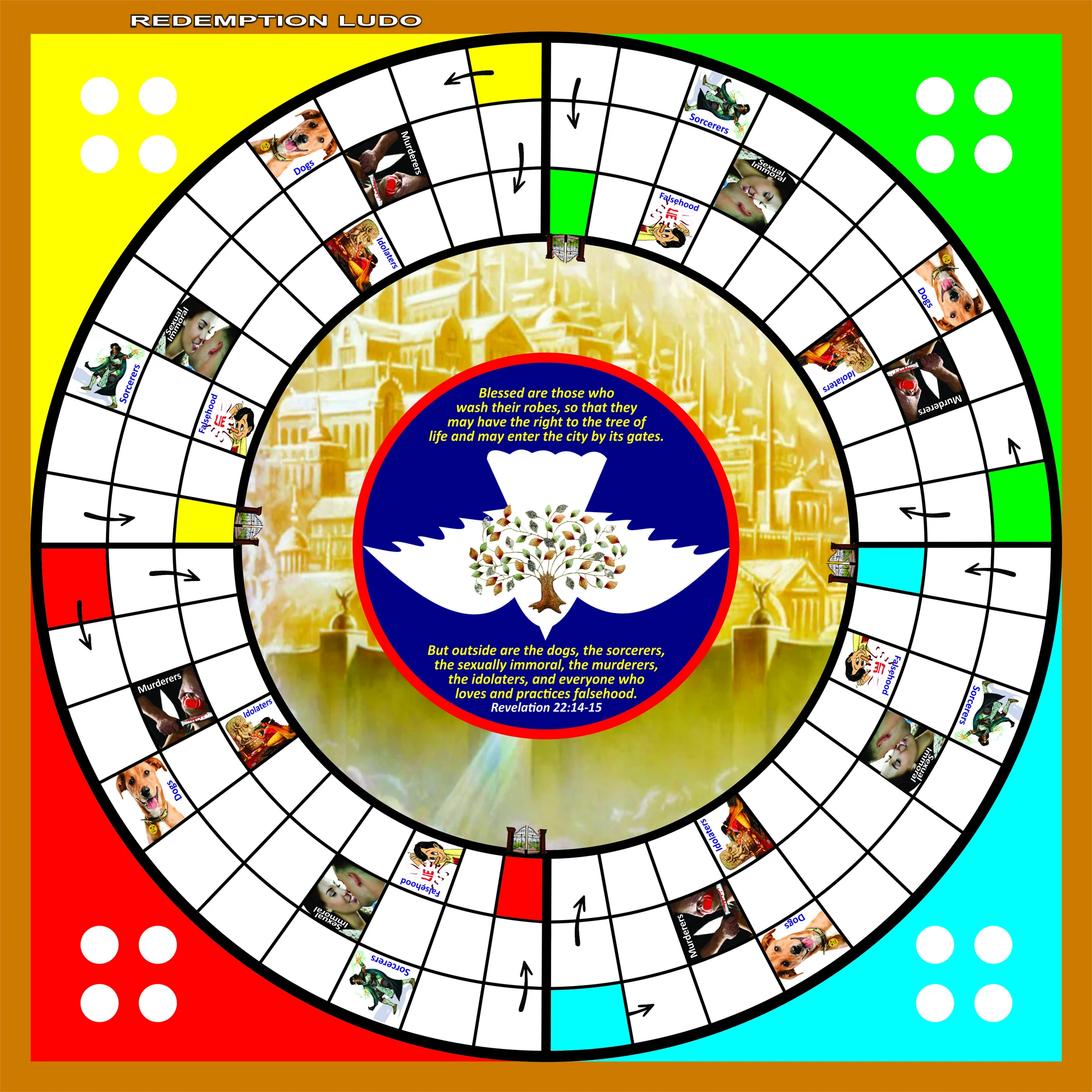 Redemption Ludo game board with four coloured player routes around a circular Christian journey