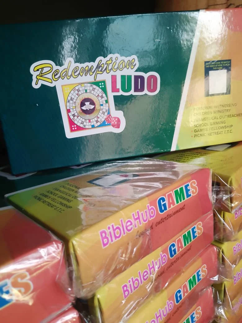 Redemption Ludo packaging displayed with other boxed BibleHub Games products